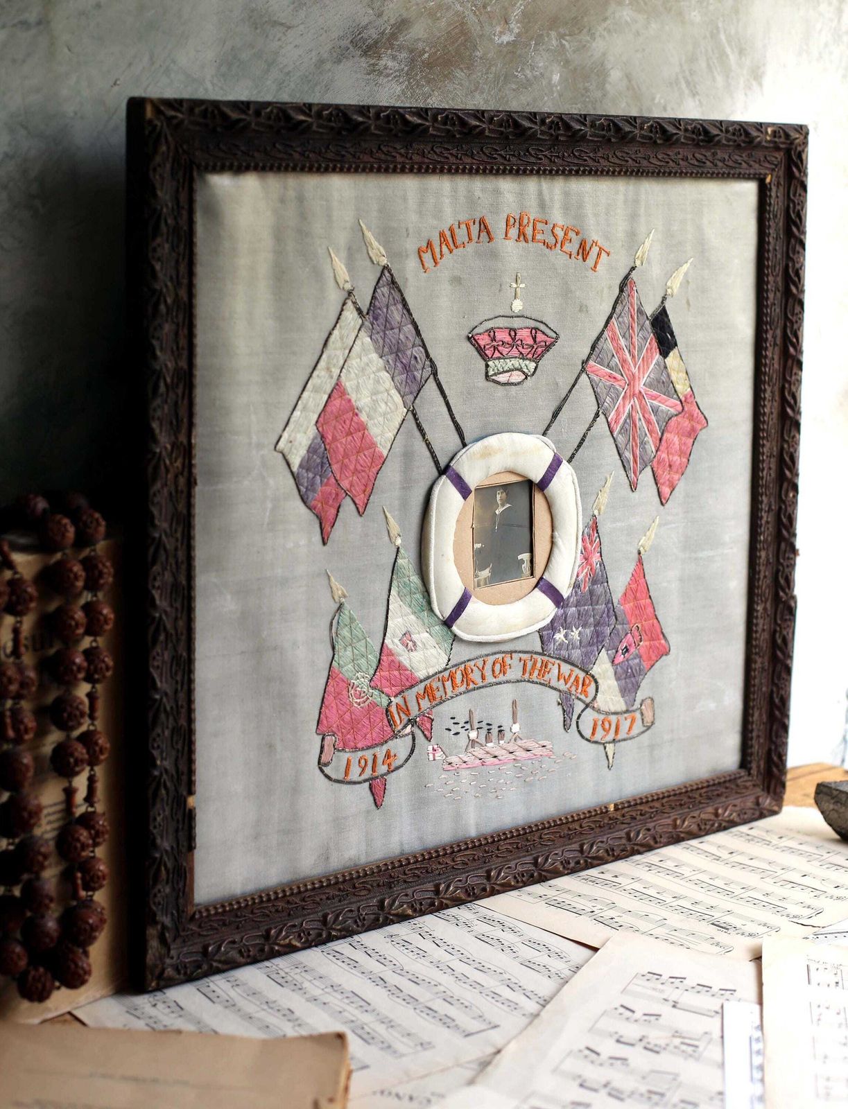 Antique Wwi Malta Souvenir Embroidery Picture Framed Art World War 1 photo furniture
