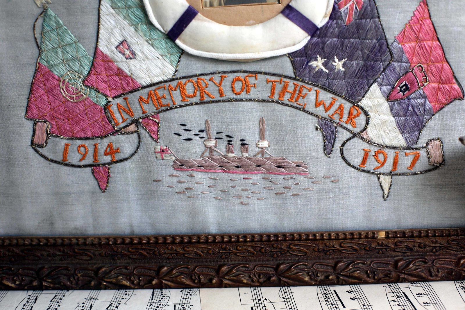 photo furniture Antique Wwi Malta Souvenir Embroidery Picture Framed Art World War 1