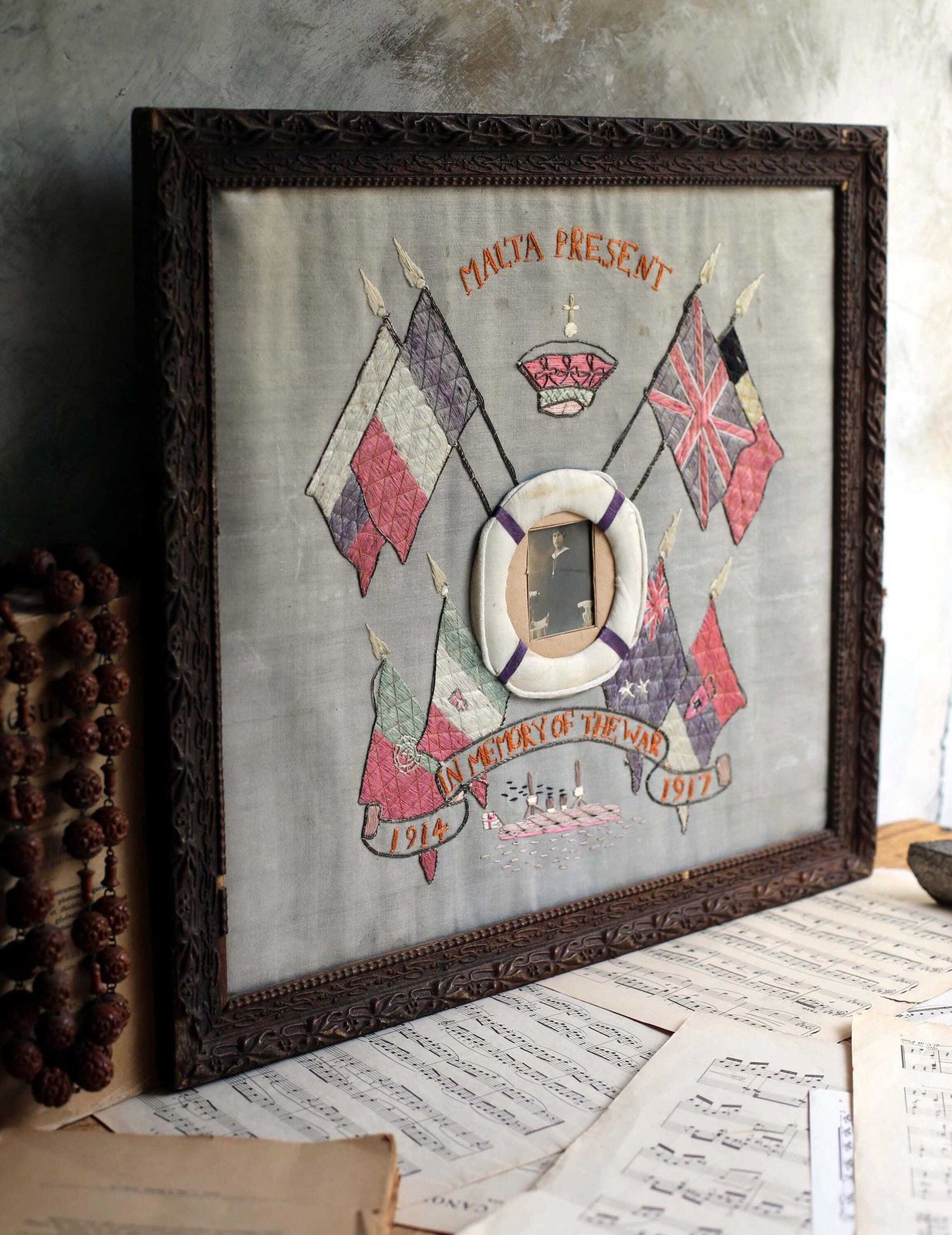 Art Antique Wwi Malta Souvenir Embroidery Picture Framed Art World War 1 photo