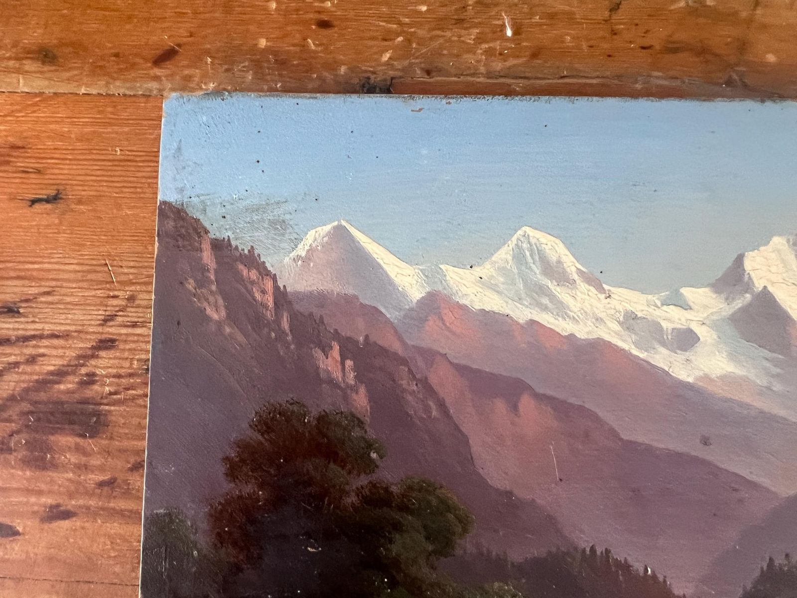 Pair Of Antique Swiss Landscape Oil Paintings On Wood Panel, 19th Century Grand Tour Alpine Art, Interlaken, Lake Thun & Jungfrau, Unframed photo 195.0