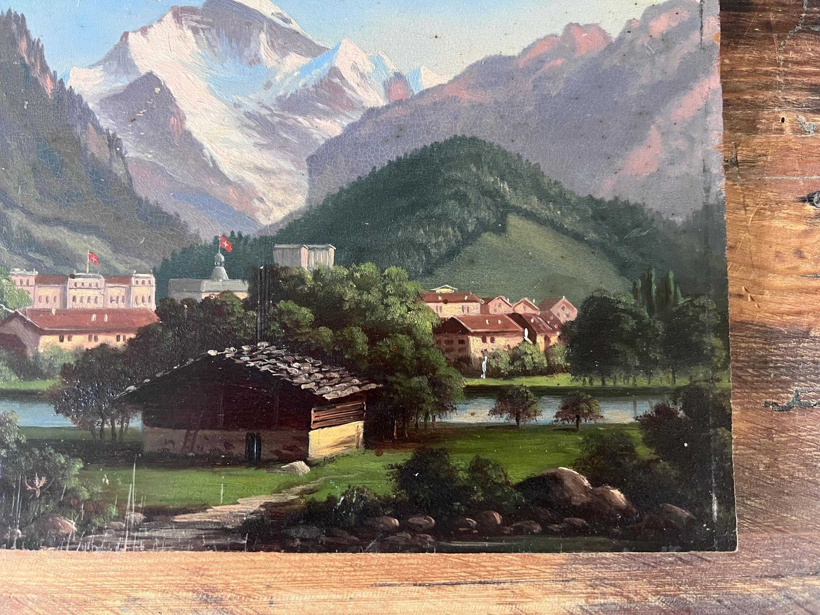 Pair Of Antique Swiss Landscape Oil Paintings On Wood Panel, 19th Century Grand Tour Alpine Art, Interlaken, Lake Thun & Jungfrau, Unframed photo buy