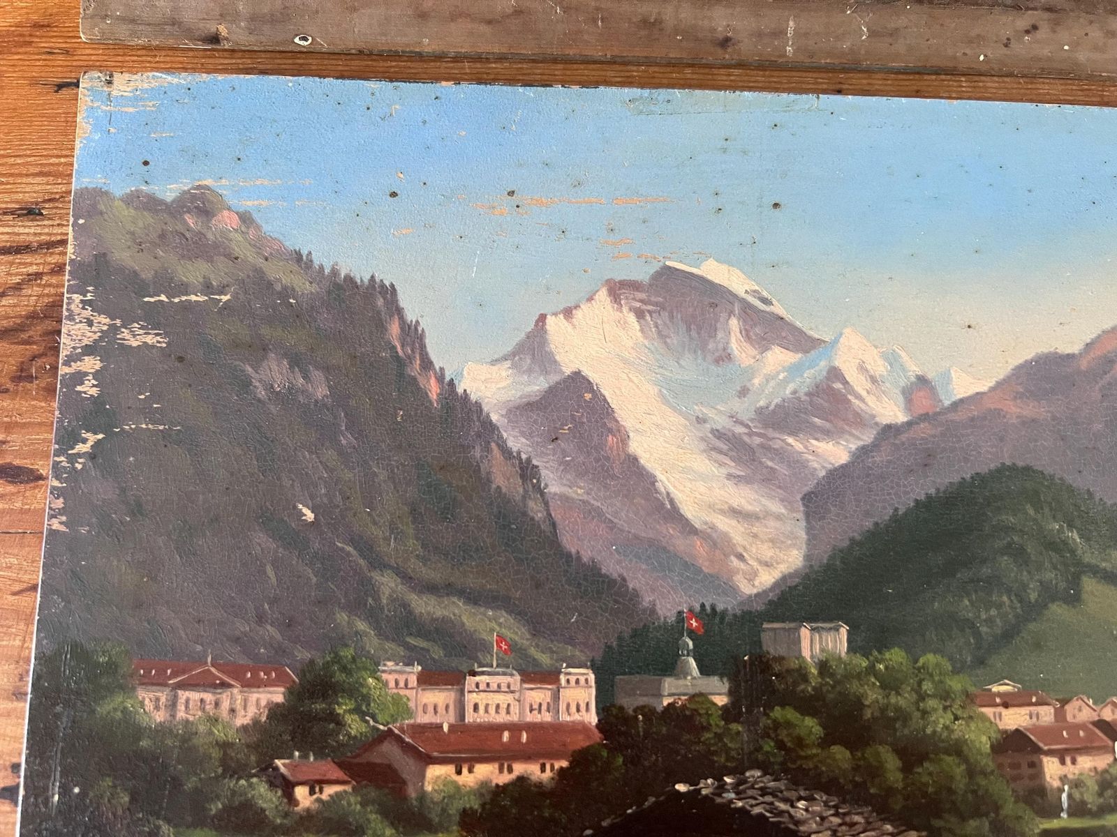photo furniture Pair Of Antique Swiss Landscape Oil Paintings On Wood Panel, 19th Century Grand Tour Alpine Art, Interlaken, Lake Thun & Jungfrau, Unframed