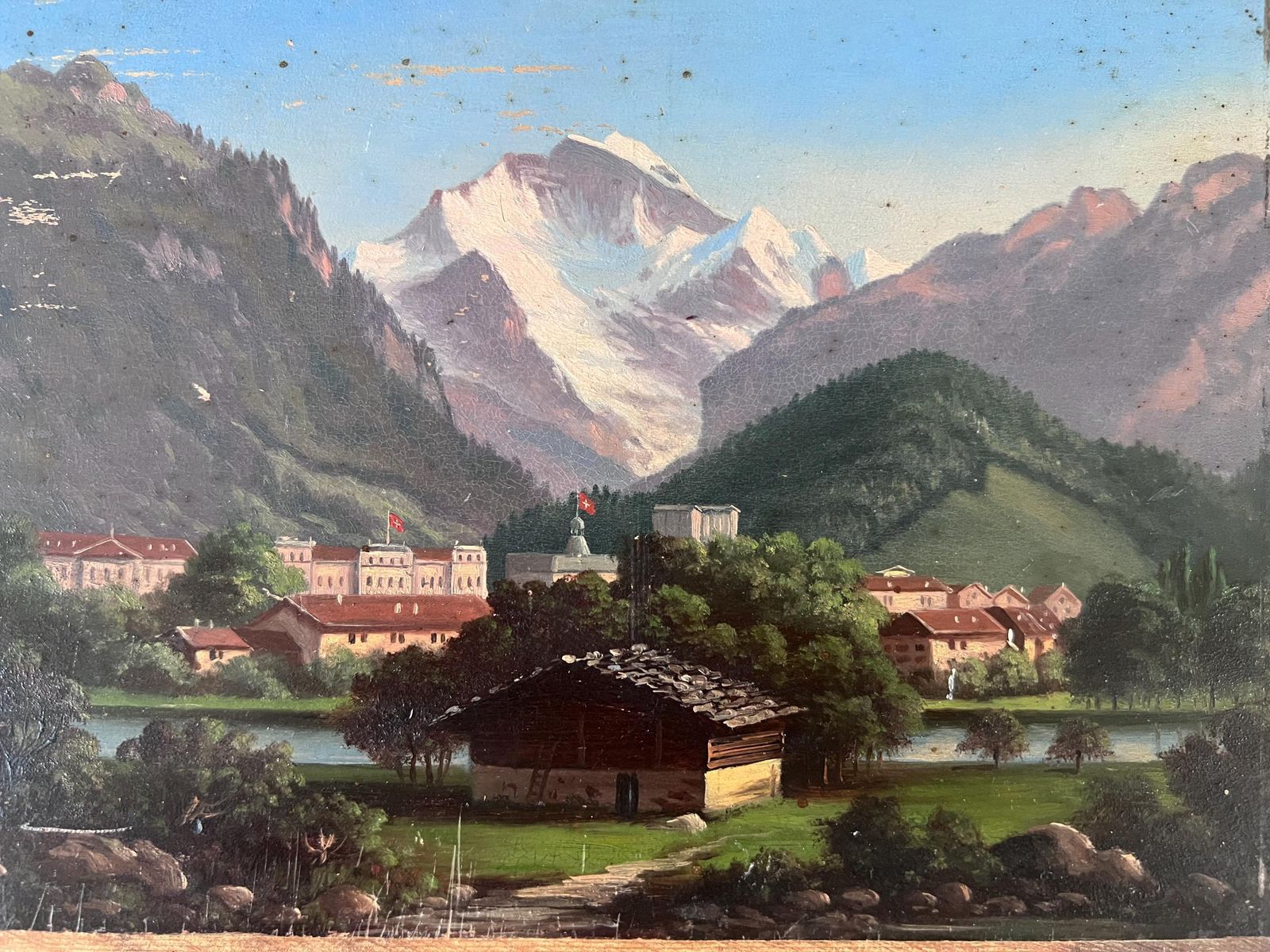 photo vinterior Pair Of Antique Swiss Landscape Oil Paintings On Wood Panel, 19th Century Grand Tour Alpine Art, Interlaken, Lake Thun & Jungfrau, Unframed