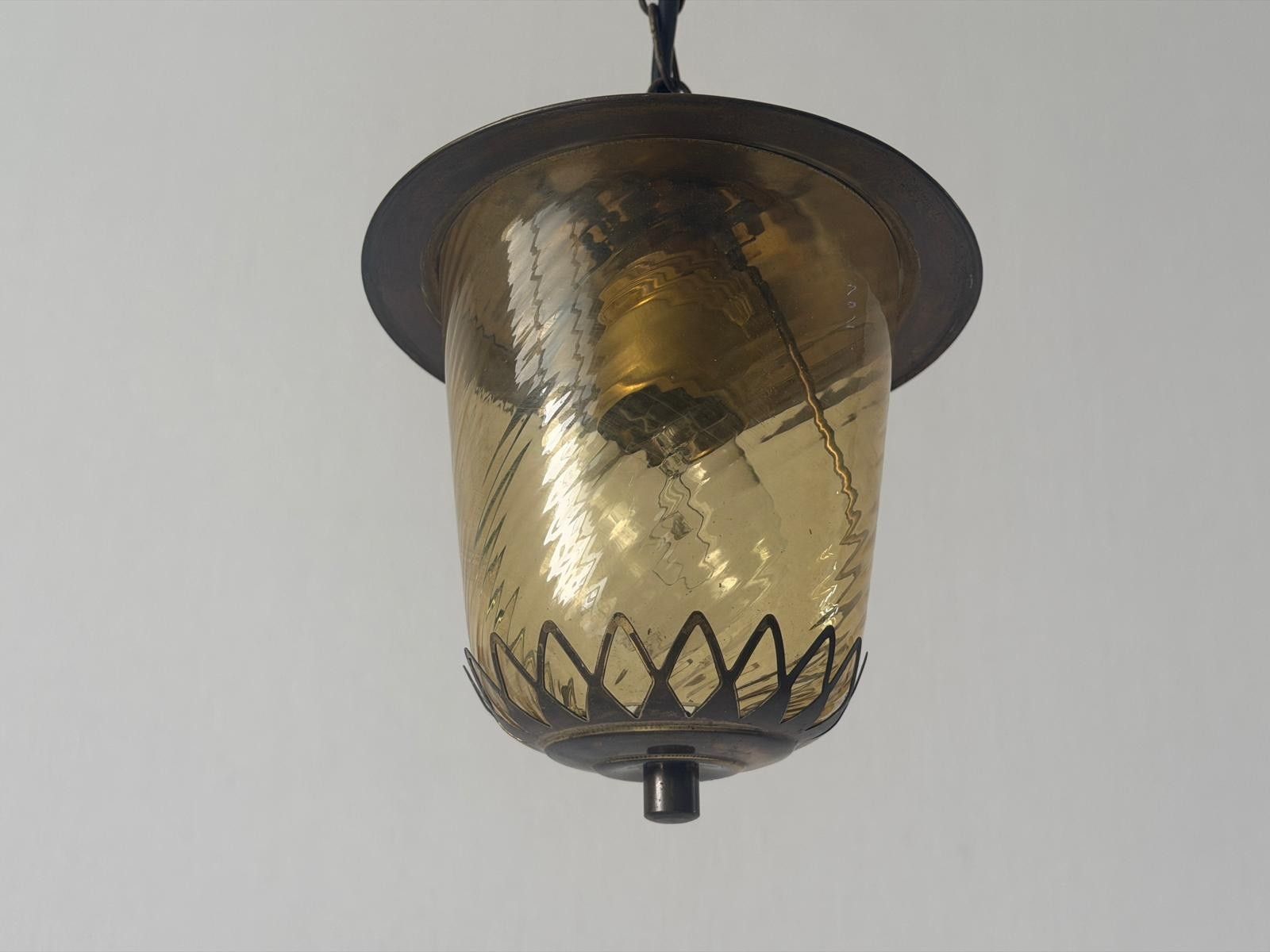 Art Deco Yellow Glass Brass Body Flush Mount Light, 1940s, Germany photo vinterior