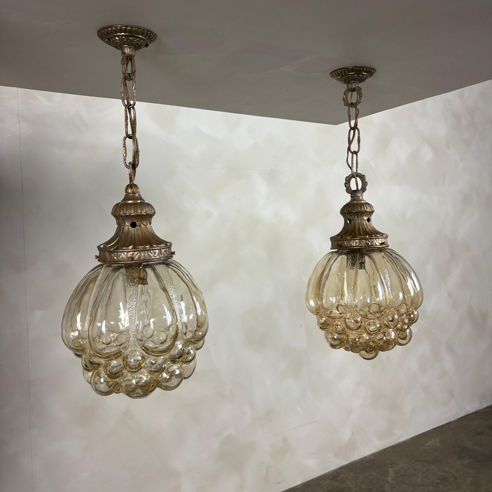 Pair Of Amber Bubble Glass Pendant Lights By Helena Tynell For Glashütte Limburg Mid Century Retro Mcm photo for sale