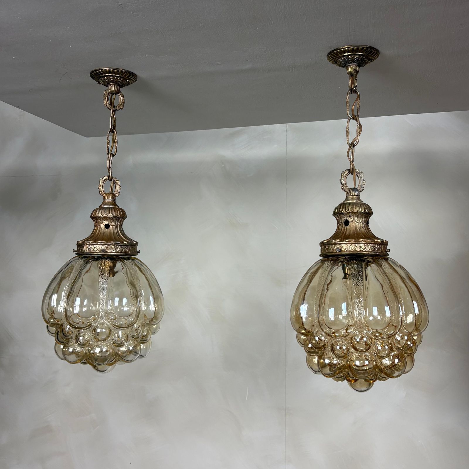 Pair Of Amber Bubble Glass Pendant Lights By Helena Tynell For Glashütte Limburg Mid Century Retro Mcm photo vinterior