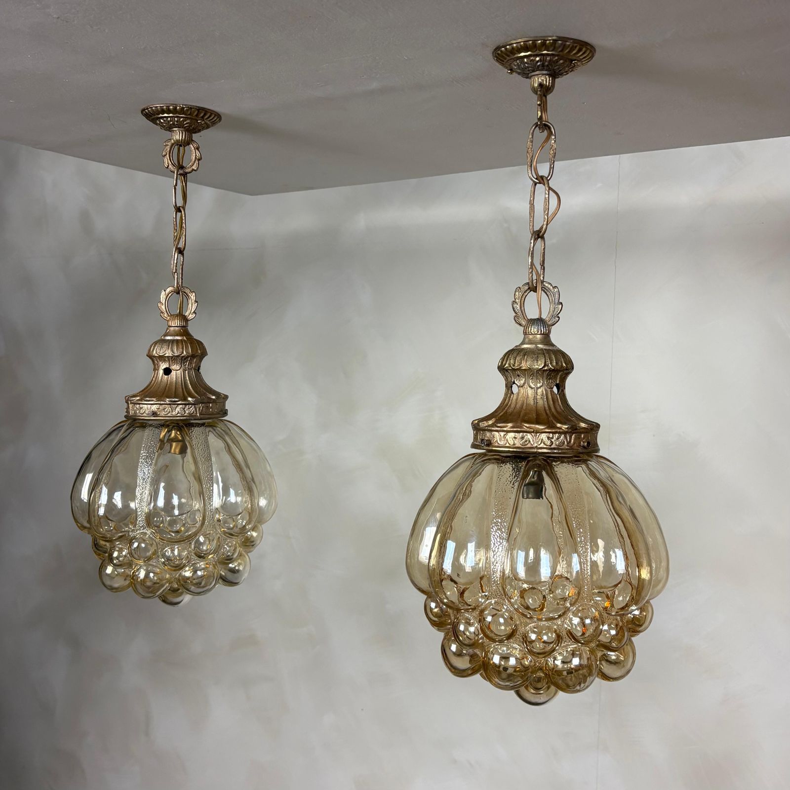 Pair Of Amber Bubble Glass Pendant Lights By Helena Tynell For Glashütte Limburg Mid Century Retro Mcm photo buy