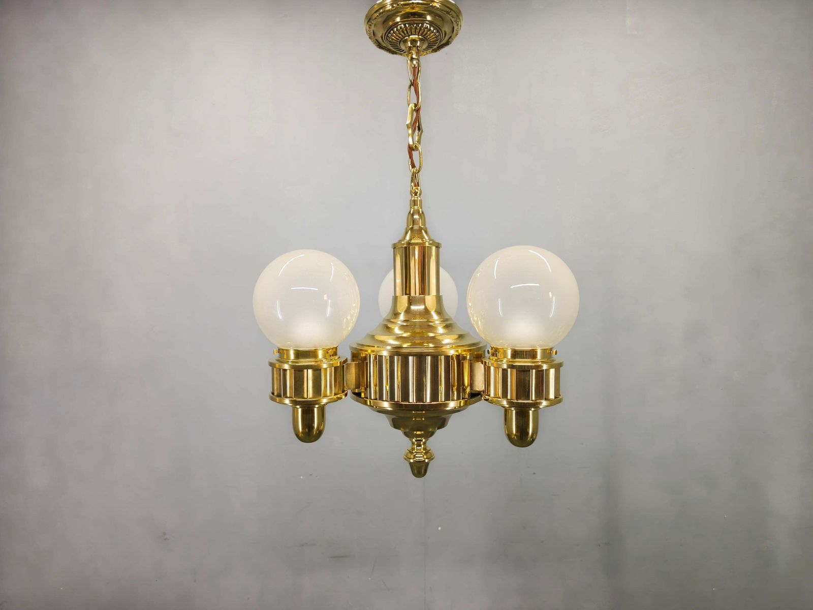 Art Deco Brass And Opaline Glass Chandelier, Czechoslovakia photo furniture