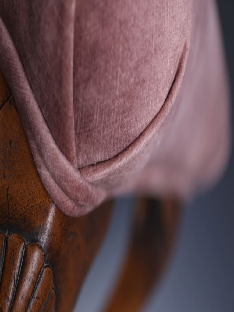 Queen Anne Style Carved Dressing Table Stool In Pink Velvet photo vinterior