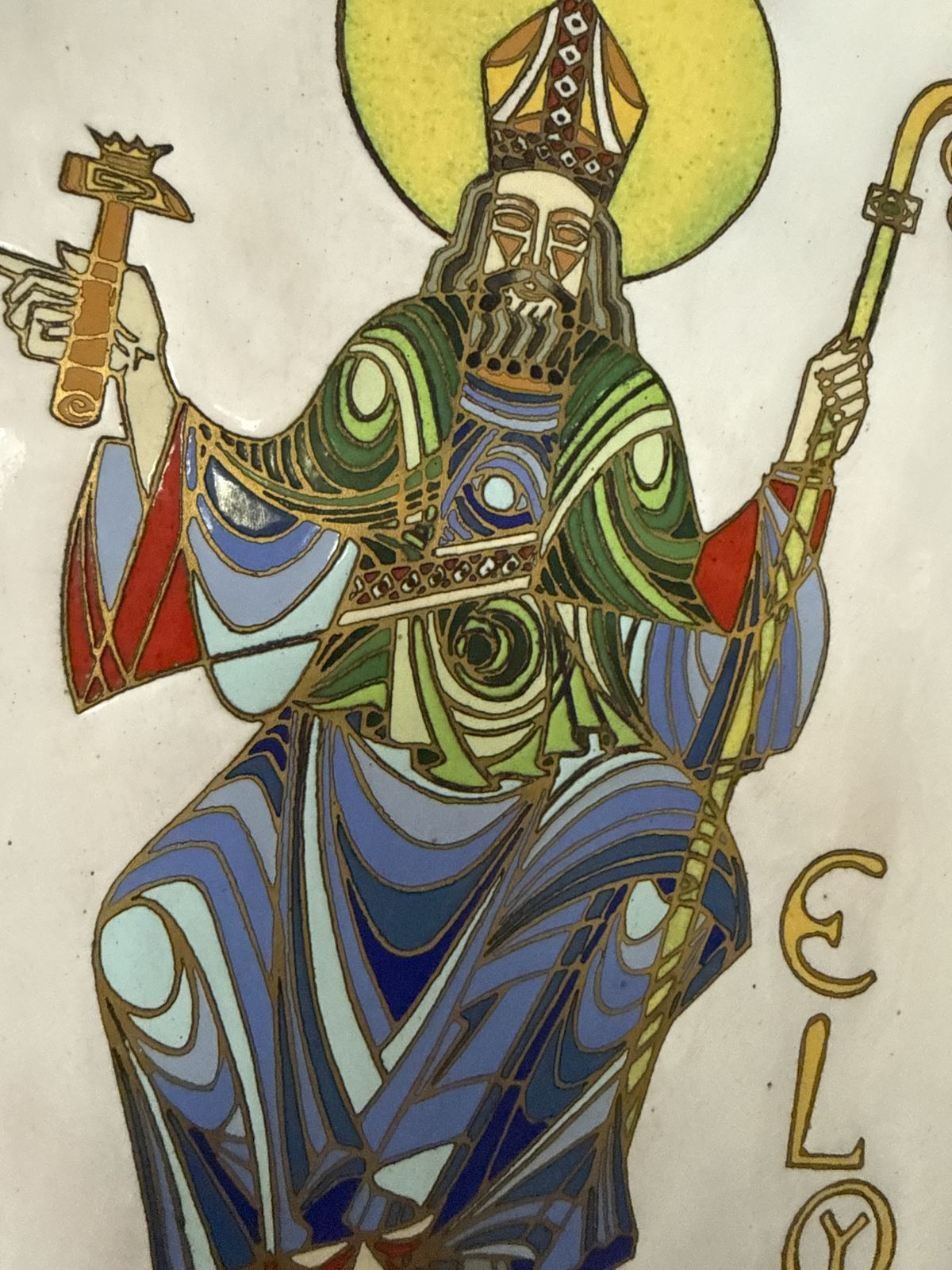 Signed Medieval Revival Enamel Plaque Of Saint Eligius, French, Mid 20th Century photo vinterior