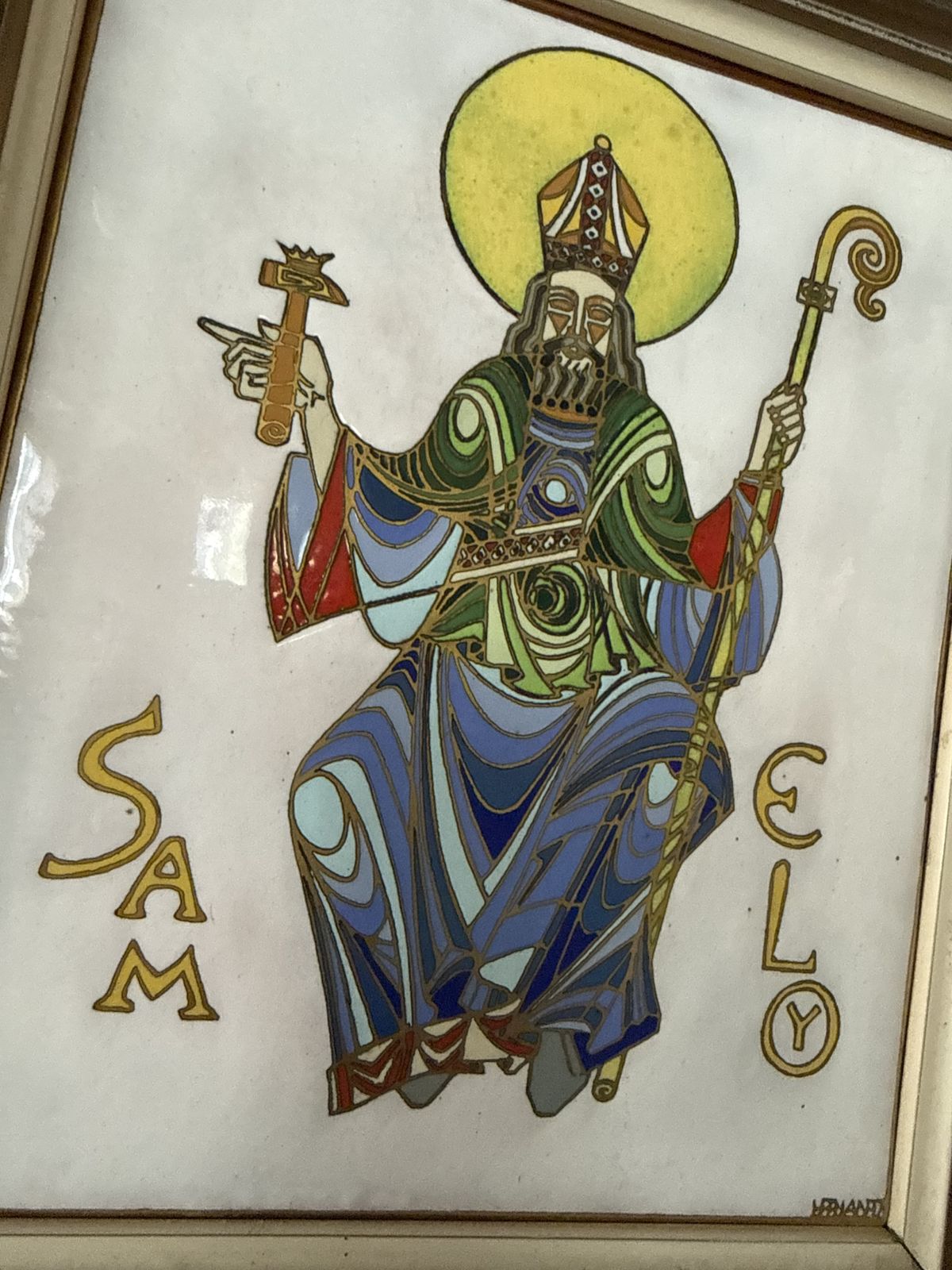 Signed Medieval Revival Enamel Plaque Of Saint Eligius, French, Mid 20th Century photo vintage