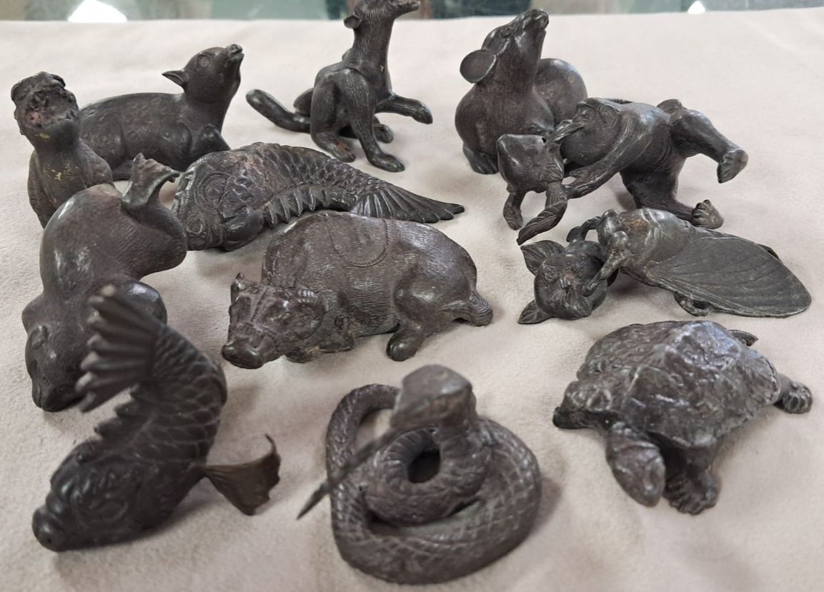 Collection Of 12 Antique Oriental  Bronze Miniature Animal Figurines photo furniture
