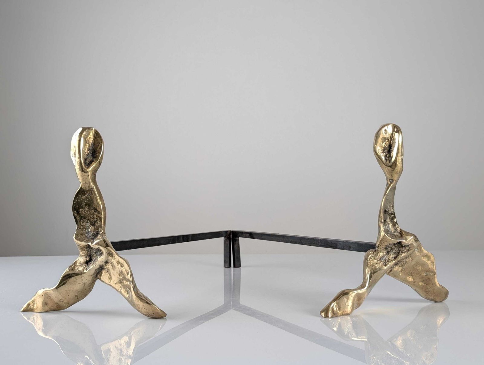 photo furniture Pair Of Brutalist Sculptural Bronze Fireplace Andirons, 1970s