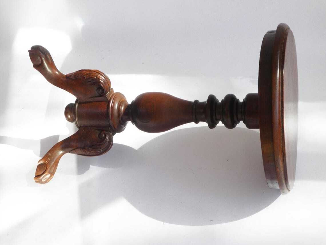 Antique Round Victorian Wooden Side Table Walnut Wine Table With Carved Details Wooden Tripod Pedestal photo 438.0