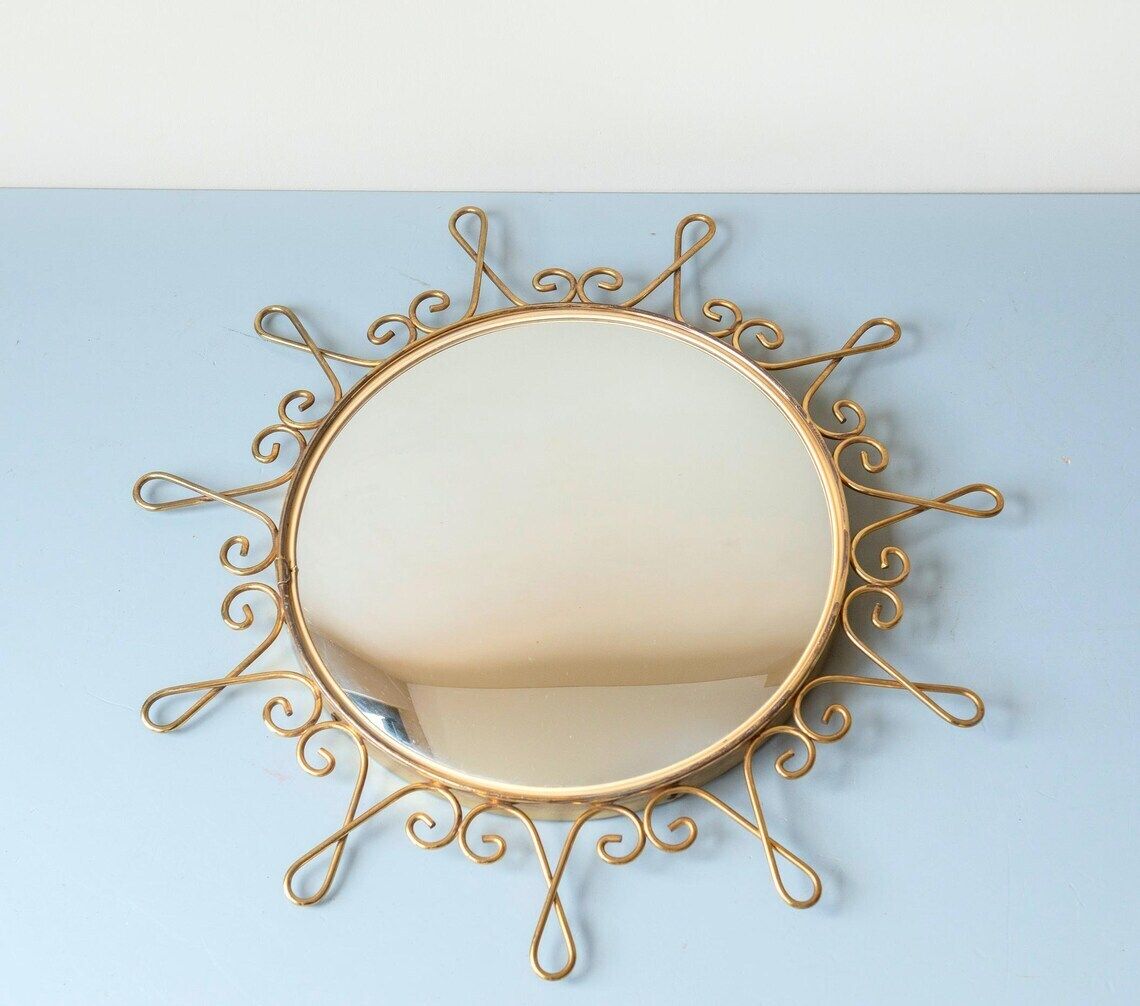 Vintage Deknudt Sunburst Spiegel | Belgische Convexe Wandspiegel | Mid-Century Gouden Spiegel jaren 1960 photo for sale