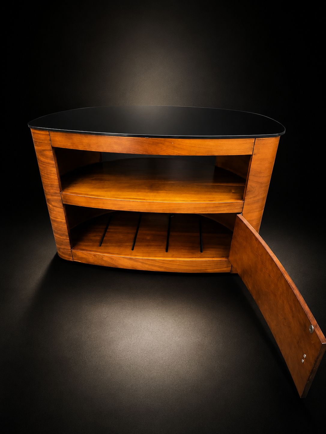 Art Deco Style Curved Wooden Tv Stand Black Glass Top Media Unit photo Furniture