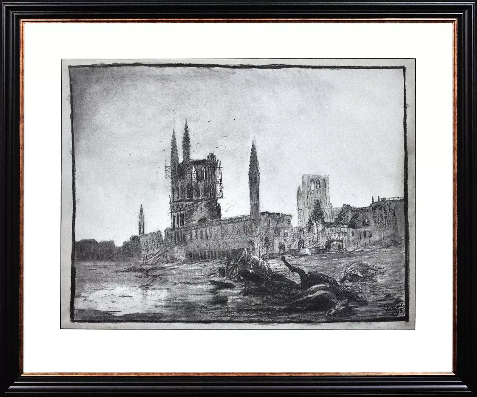 Art de tranchée, Première Guerre mondiale - Leopold Halvoet, mort en 1918, soldat belge. Dessin au fusain encadré, champ de bataille, Arras, France, 1915.