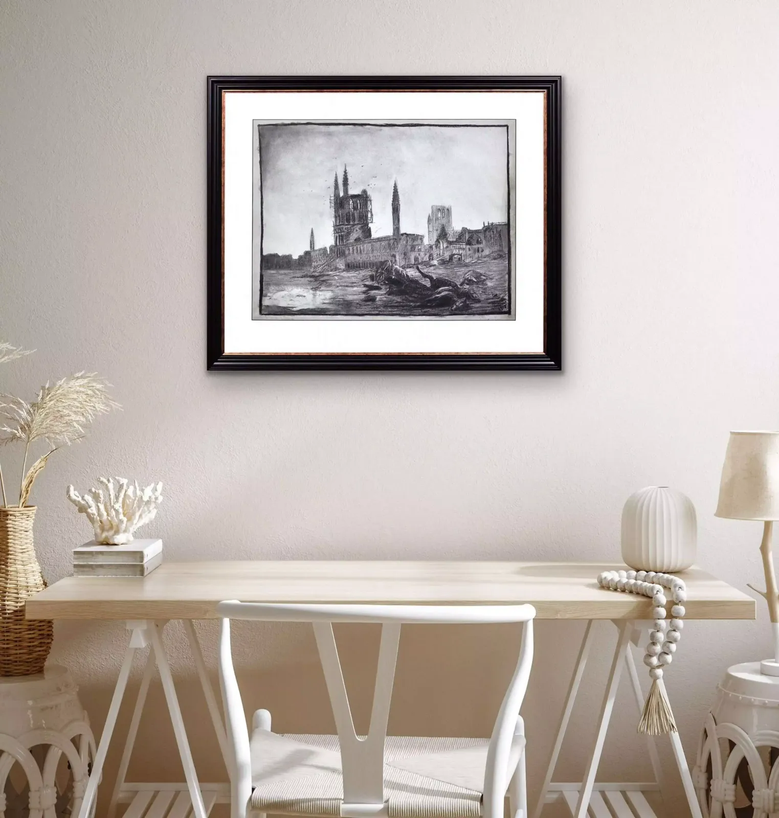 photo furniture Art de tranchée, Première Guerre mondiale - Leopold Halvoet, mort en 1918, soldat belge. Dessin au fusain encadré, champ de bataille, Arras, France, 1915.