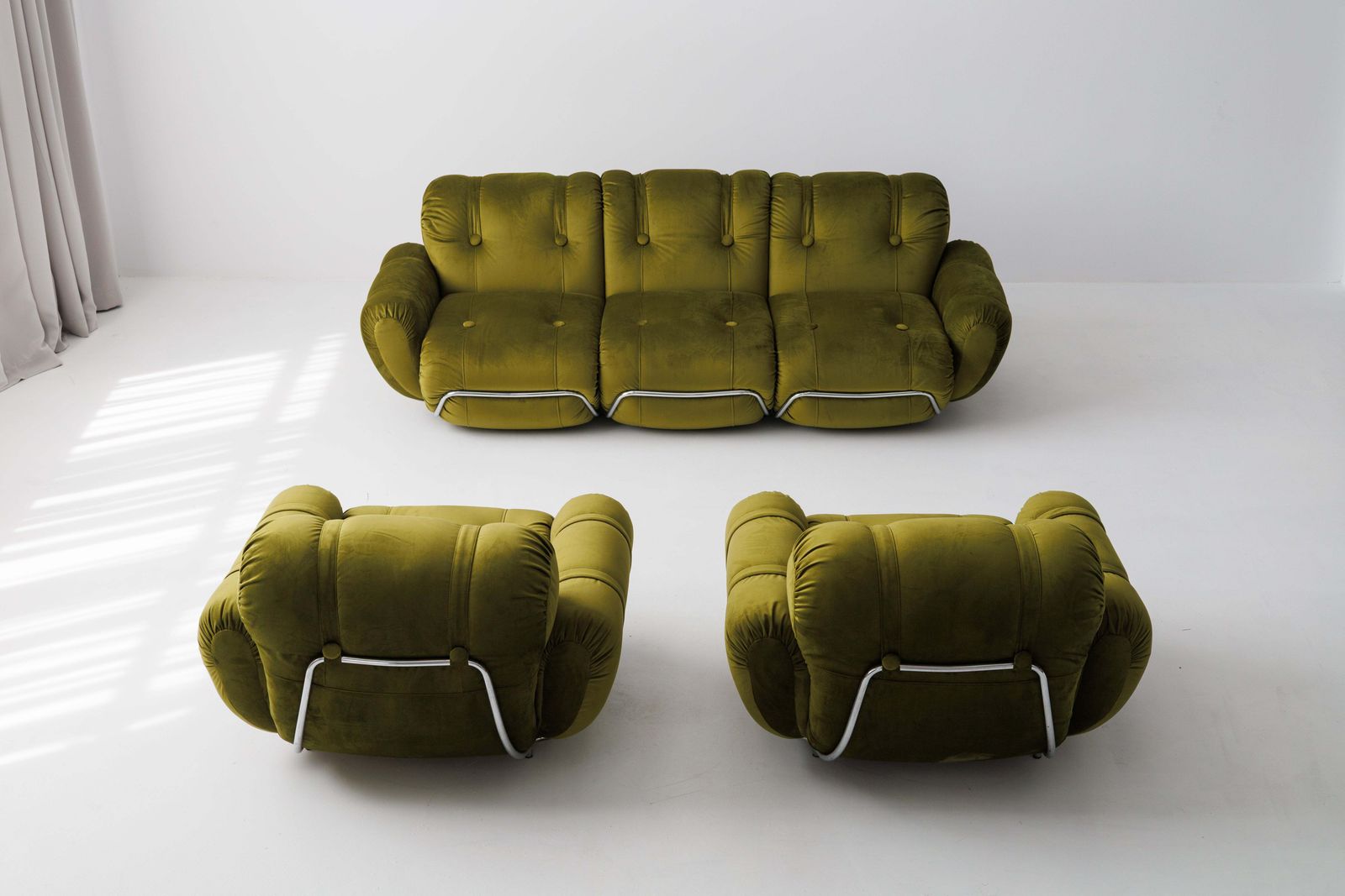 photo furniture Three Seater Sofa And Armchairs Dining Set By Adriano Piazzesi, Reupholstered Olive Velvet
