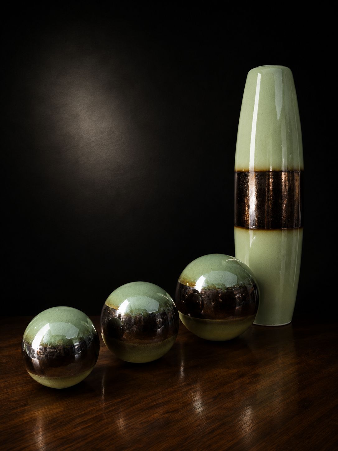 Large Modernist Ceramic Vase & Decorative Ball Set Green Brown Glaze photo Art