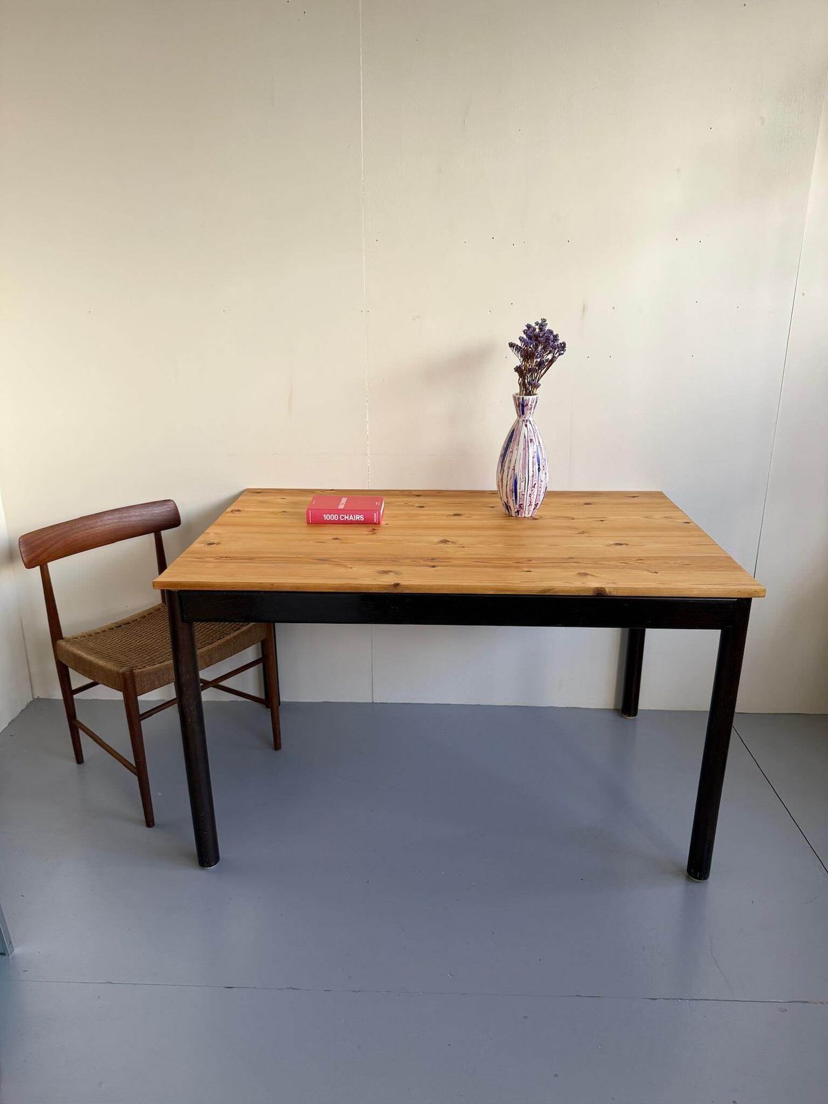 Vintage 70s/80s Pine Wooden Dining Or Breakfast Table With Dark Brown Legs
