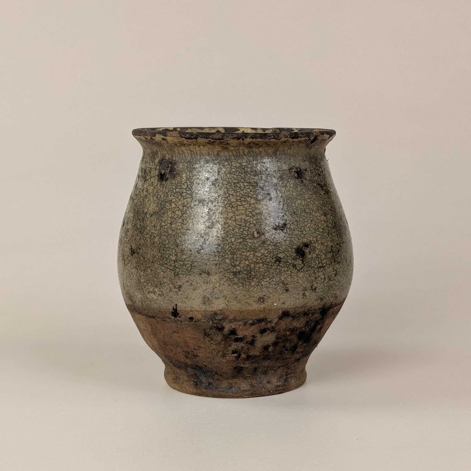 photo for sale Antique French Confit Pot, Small Glazed Stoneware Crock, Rustic Earthenware Vessel, Crackled Patina Farmhouse Jar, Antique Desk Accessory