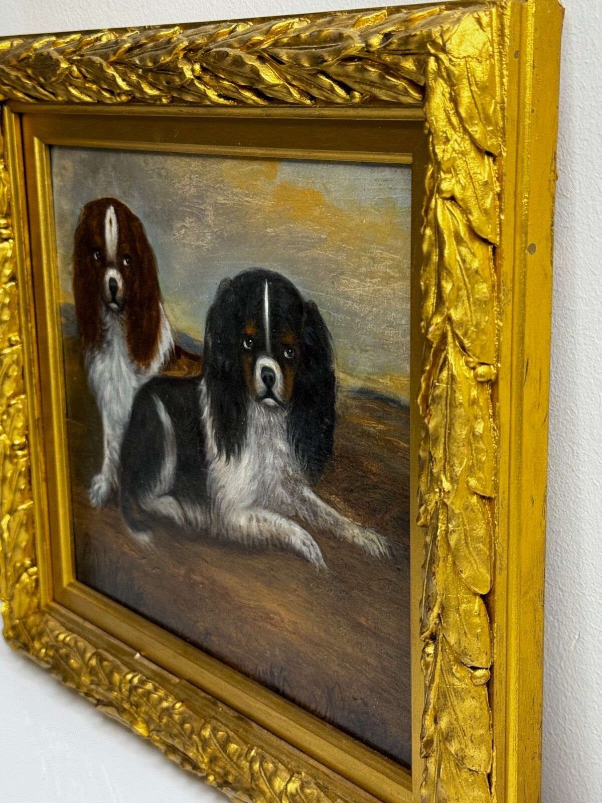 19e-eeuws olieverfschilderij, dierenportret van King Charles Spaniëls photo vintage