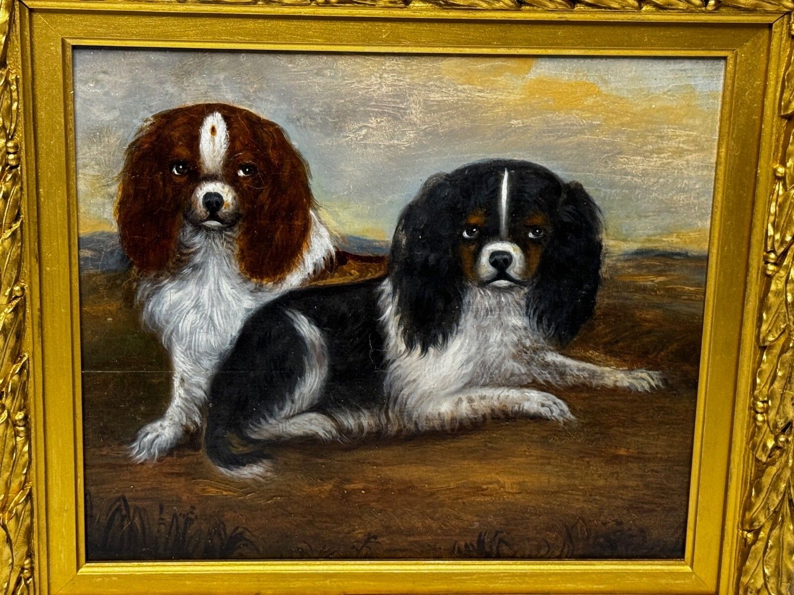 photo furniture 19th Century Oil Painting Animal Portrait Of King Charles Spaniel Dogs