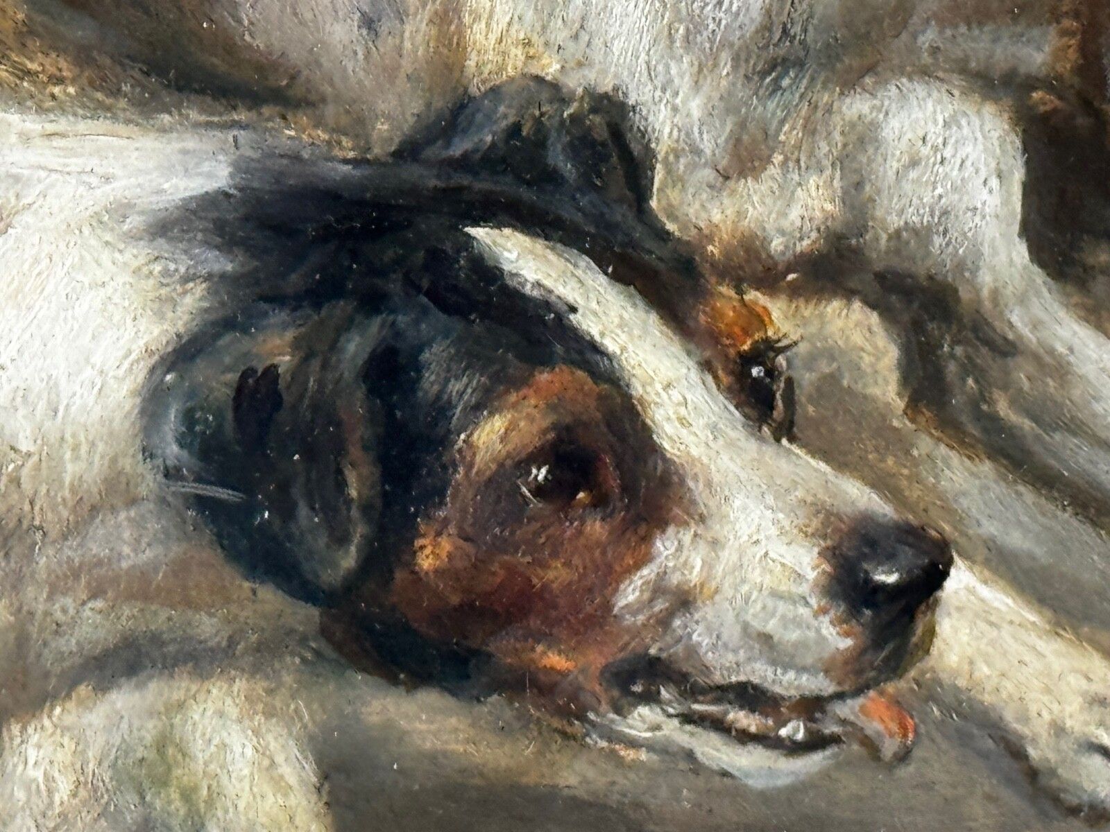 photo for sale 19e-eeuws jachtschilderij in olieverf, twee Jack Russell Terrier honden die een rat achtervolgen in een schuur, gesigneerd door Edward Aistrop