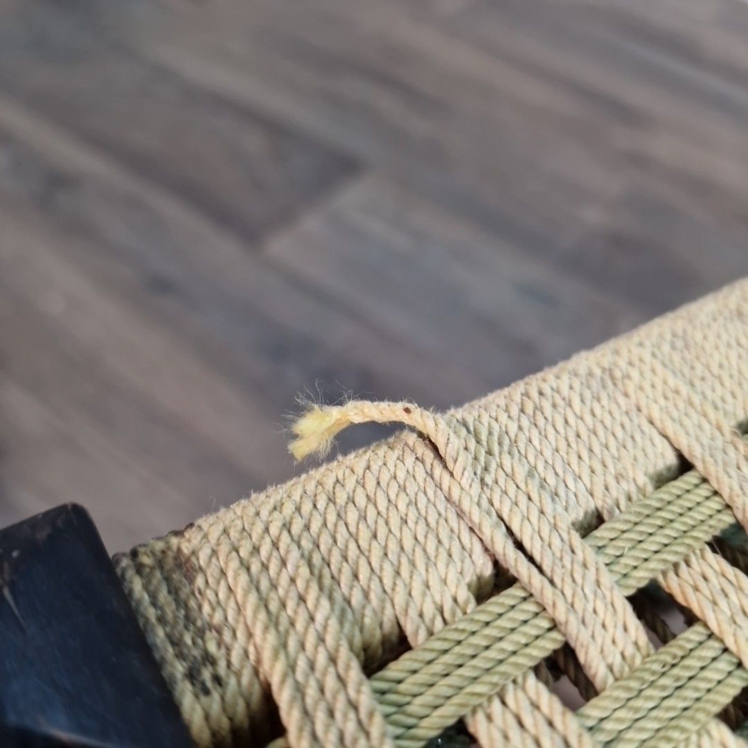 photo vintage Antique Rope Seat Stool Small Primitive Turned Wooden Rush Weave Vintage