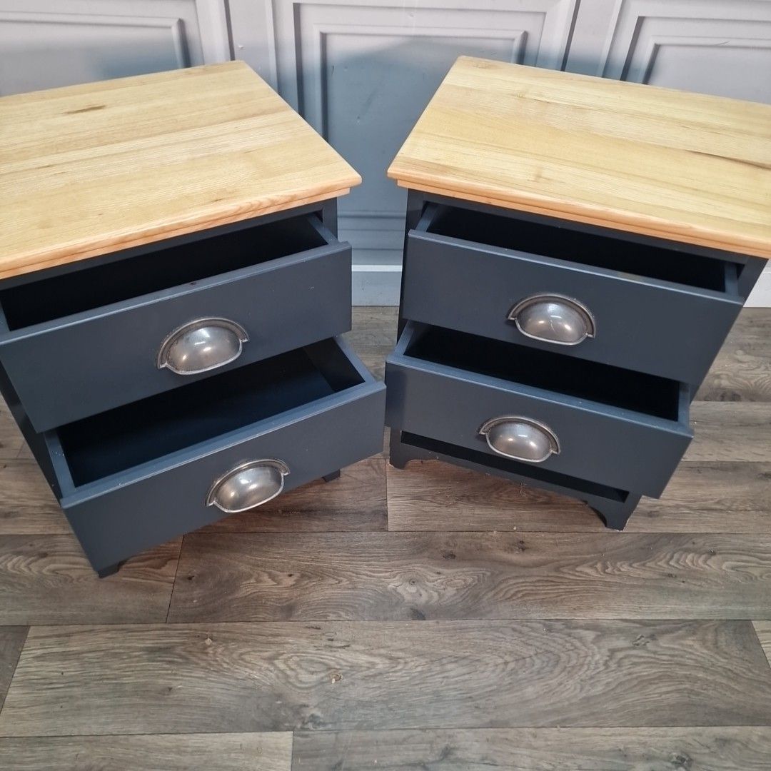 photo vinterior Contemporary Pair Bedside Tables Cabinets Solid Wood Tops Two Drawers Vintage