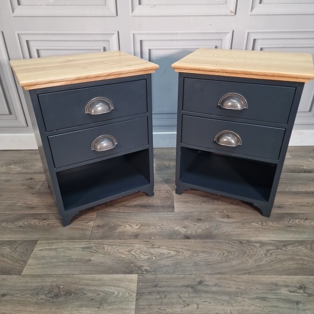 Contemporary Pair Bedside Tables Cabinets Solid Wood Tops Two Drawers Vintage
