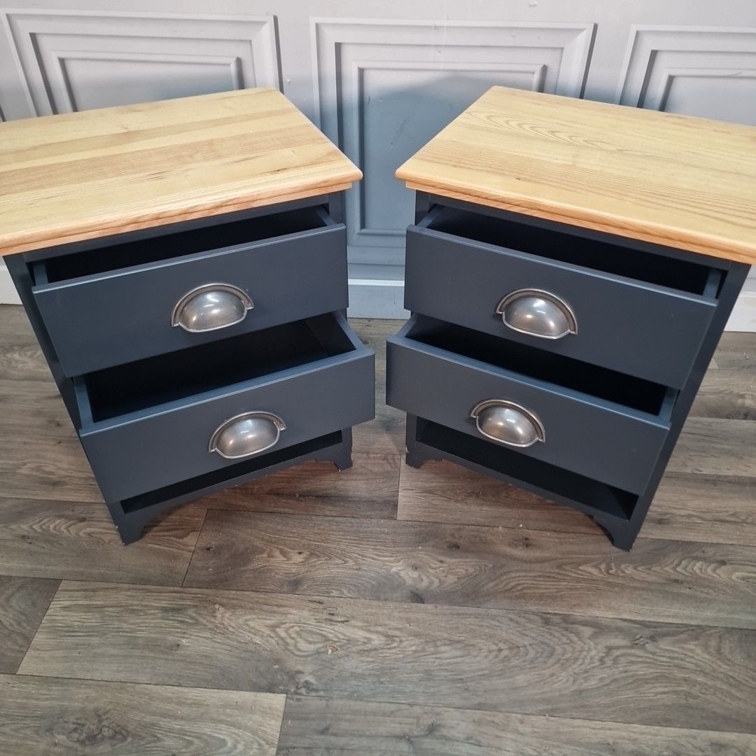 Furniture Contemporary Pair Bedside Tables Cabinets Solid Wood Tops Two Drawers Vintage photo