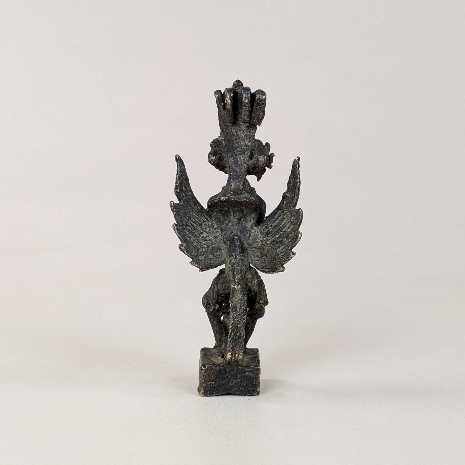Vishnu Garuda Bronze Figurine, Antique Javanese Pole Finial, Sacred Hindu Deity Mount On Hollow Square Base, Dark Patina Asian Altar Decor photo for sale
