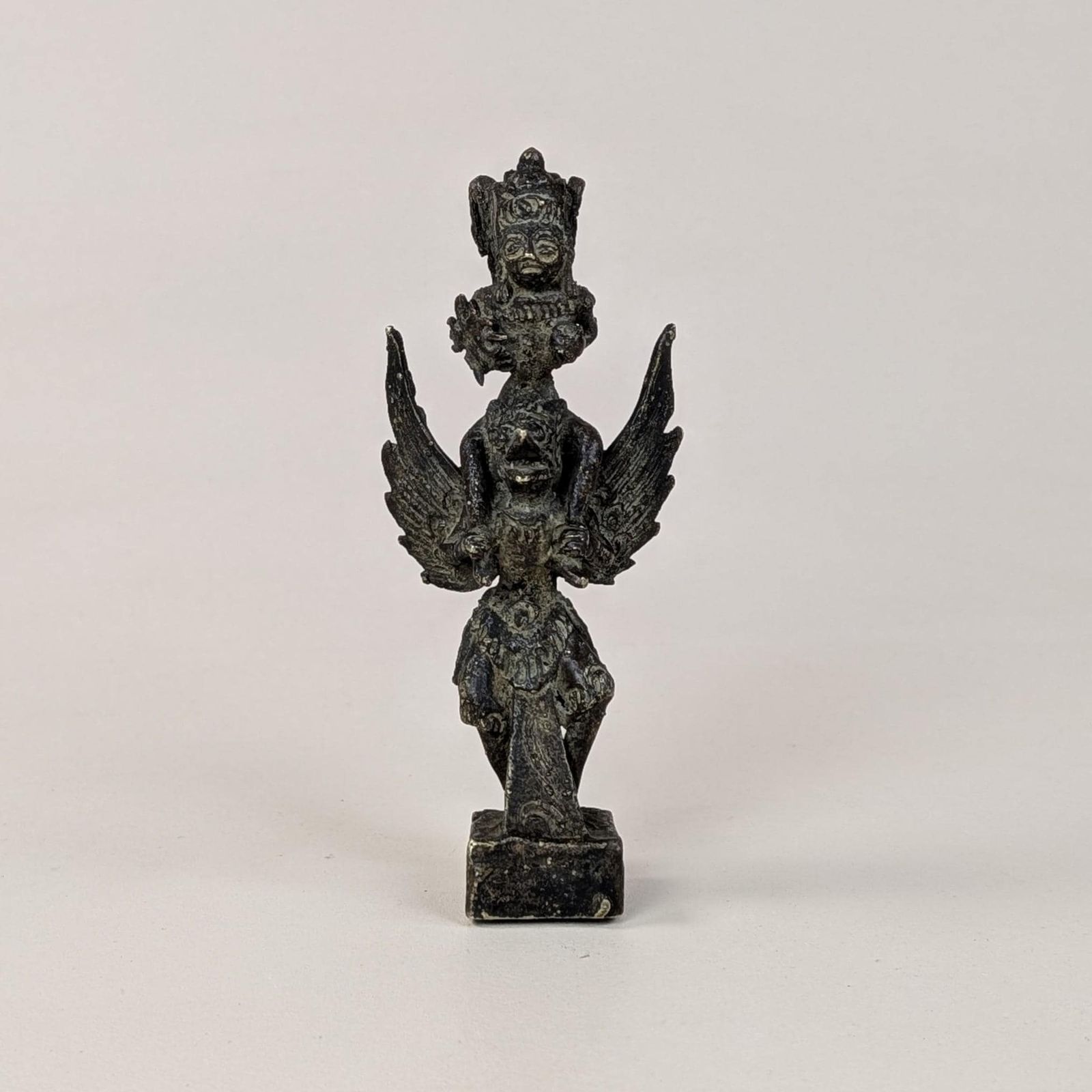 Vishnu Garuda Bronze Figurine, Antique Javanese Pole Finial, Sacred Hindu Deity Mount On Hollow Square Base, Dark Patina Asian Altar Decor photo buy