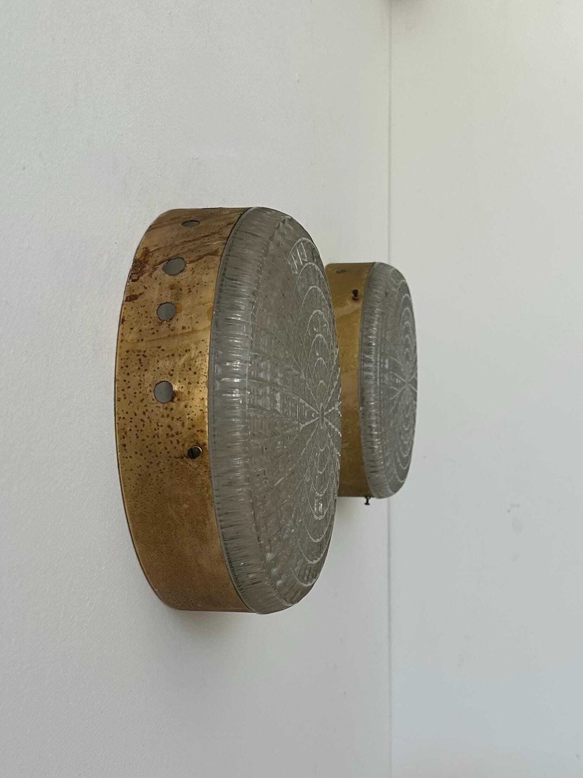 Pair Of Vintage Wall Sconces In Gilt Metal And Pressed Molded Glass, France 1970 photo furniture
