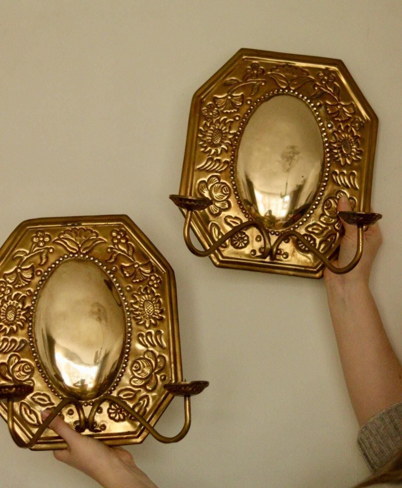 photo for sale Pair Of Mid Century Swedish Brass Octagonal Double Arm Sconces