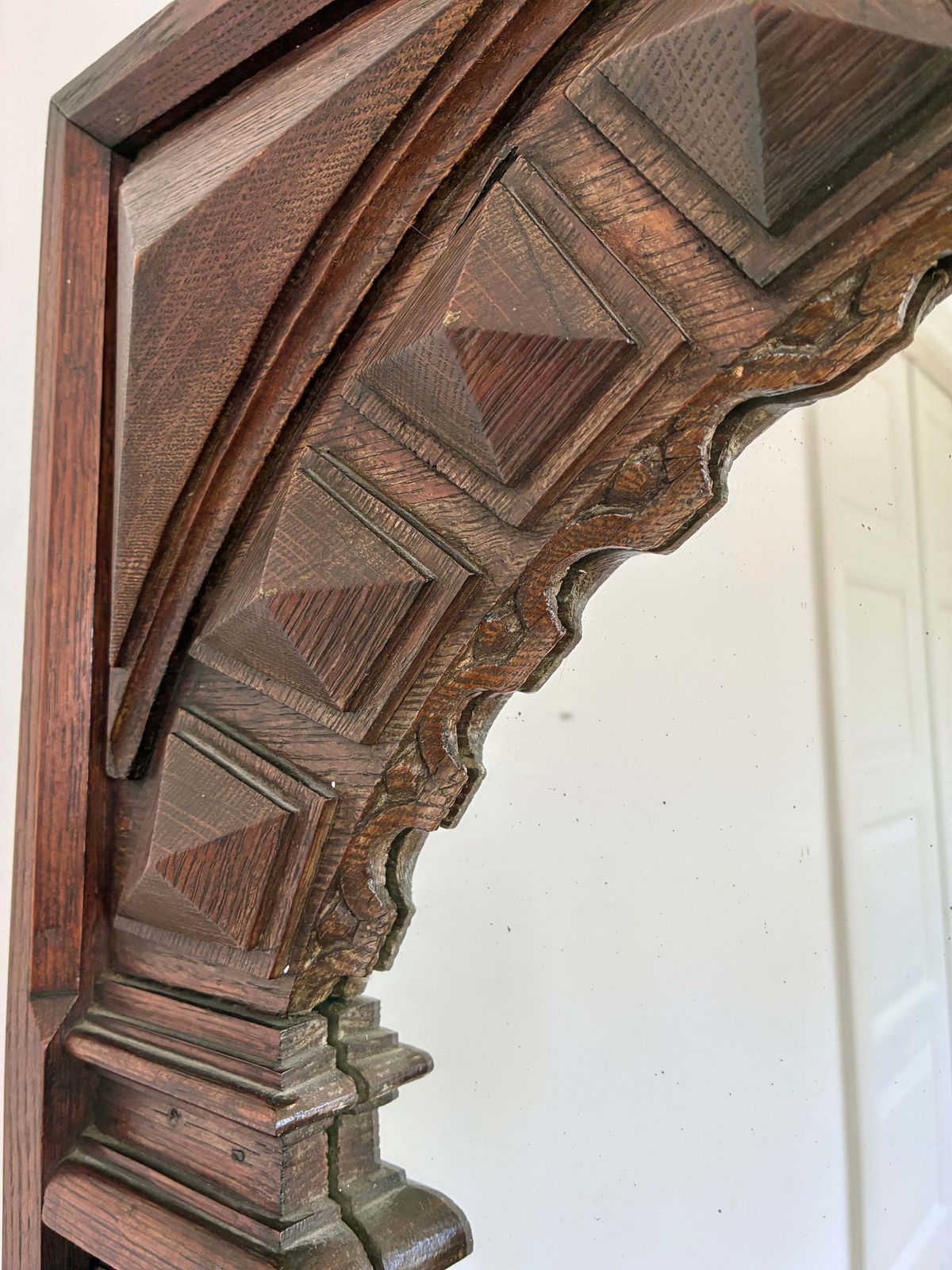 Antique Spanish Revival Oak Wall Mirror With Geometric Carving photo Home Decor