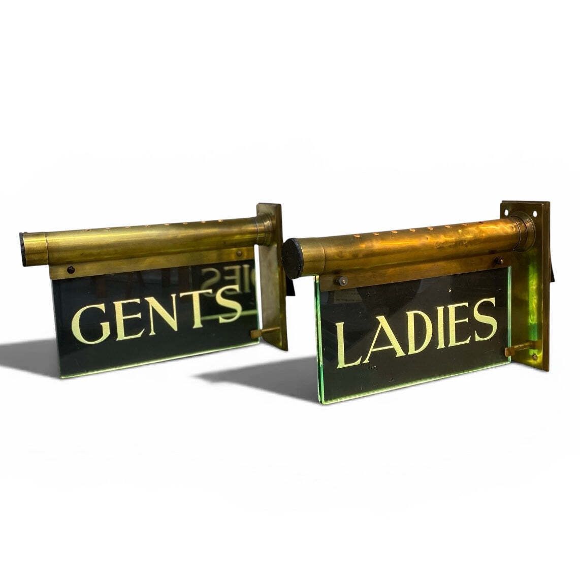 745.0 Antique "Internalite" Illuminated Brass Glass 'Gents' Wall Sign 1930s photo