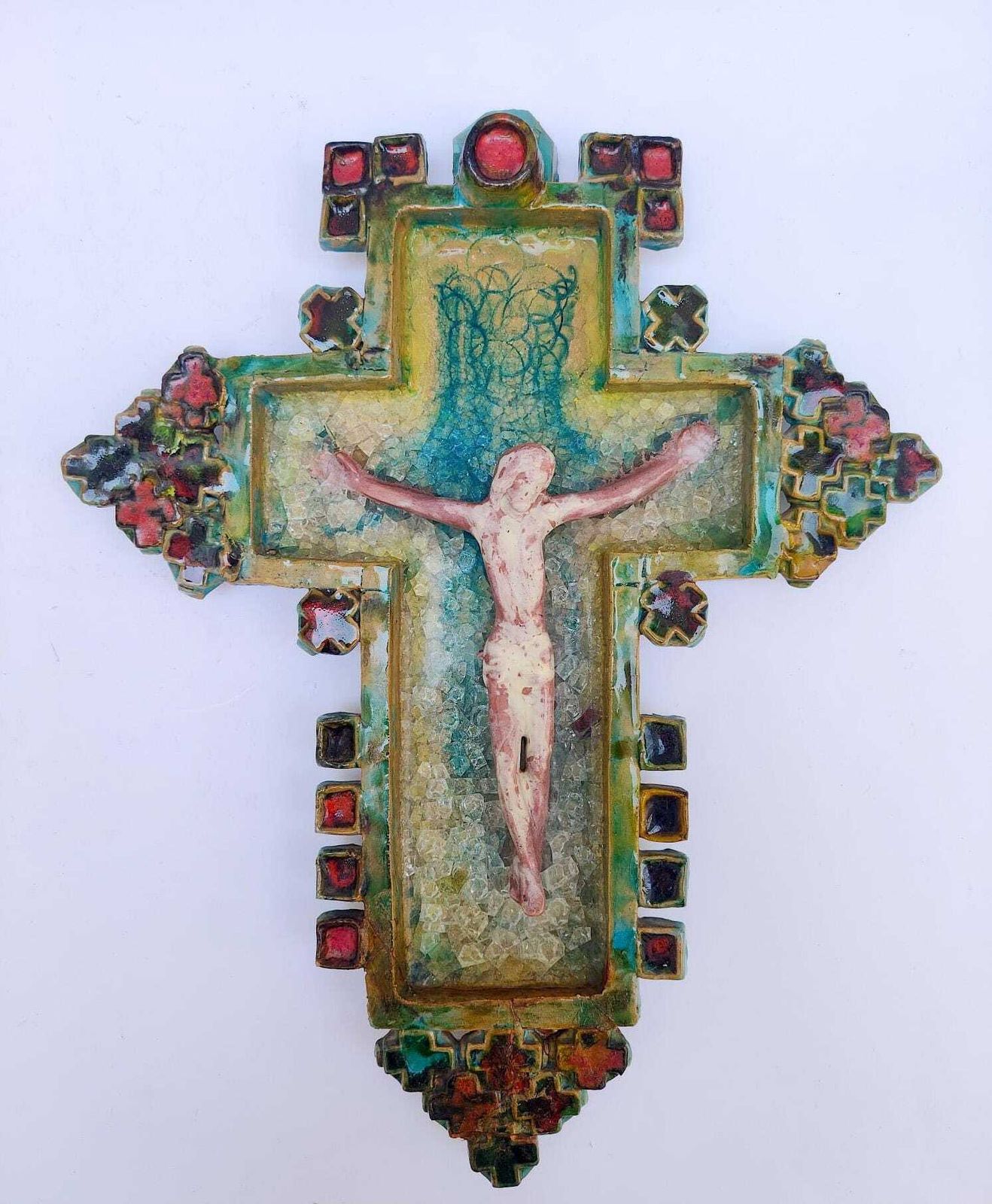 Rare Ceramic Crucifix, Vintage Italian Manufacture, 1950s, Mid Century Modern