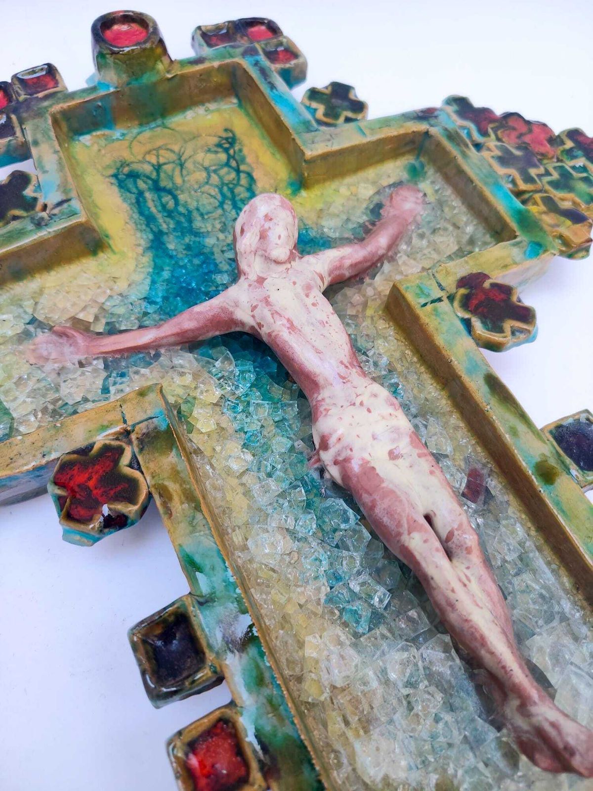 Rare Ceramic Crucifix, Vintage Italian Manufacture, 1950s, Mid Century Modern photo for sale