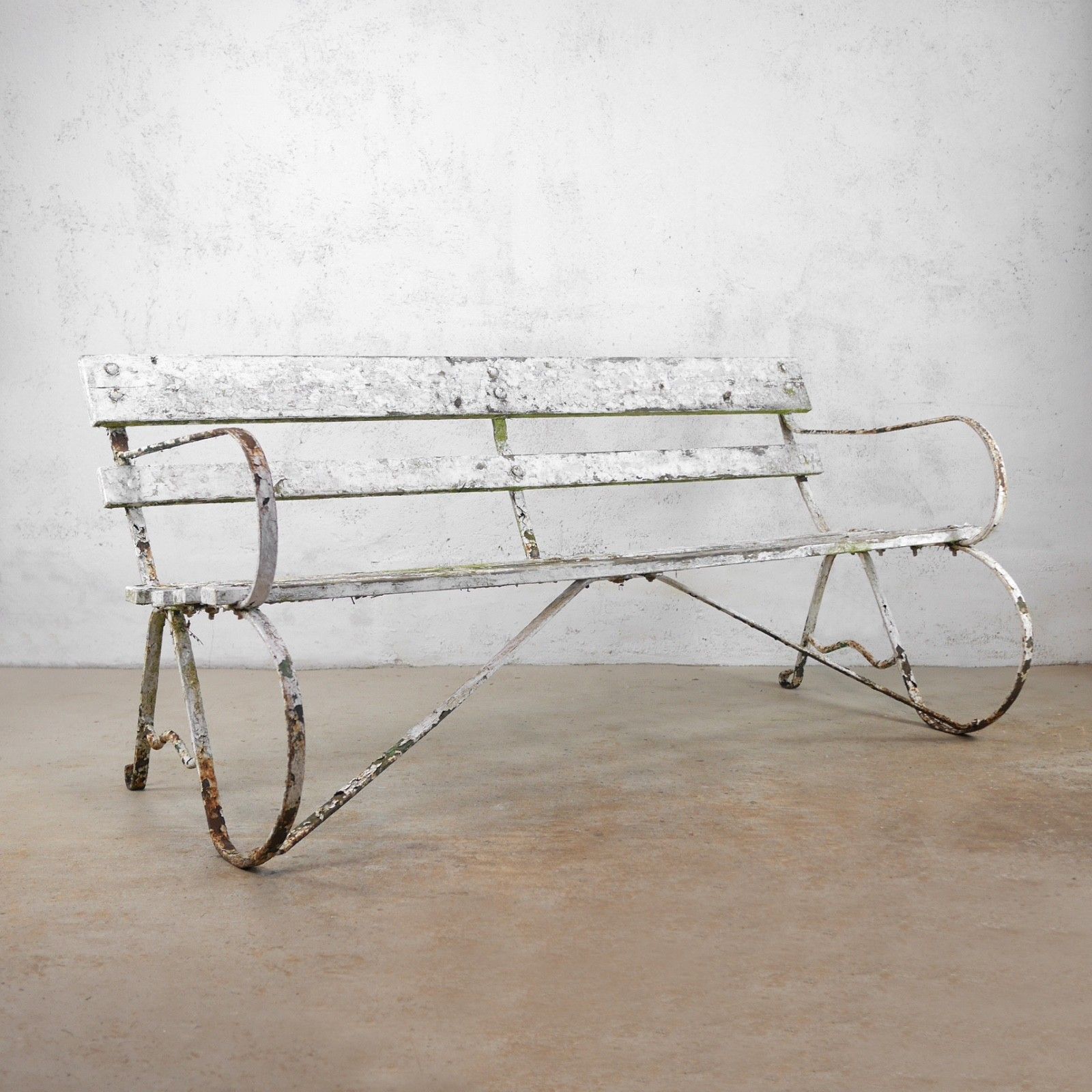 Antique Victorian Wrought Strap Iron Weathered Garden Bench #103203 photo for sale