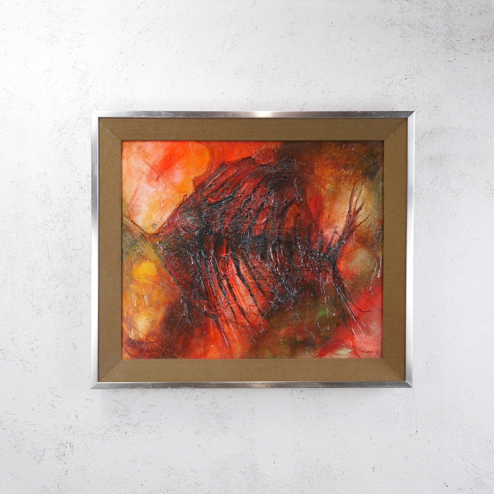 Vintage Mid Century Abstract Fish Reds Oil Painting Art Framed Hessian #103198