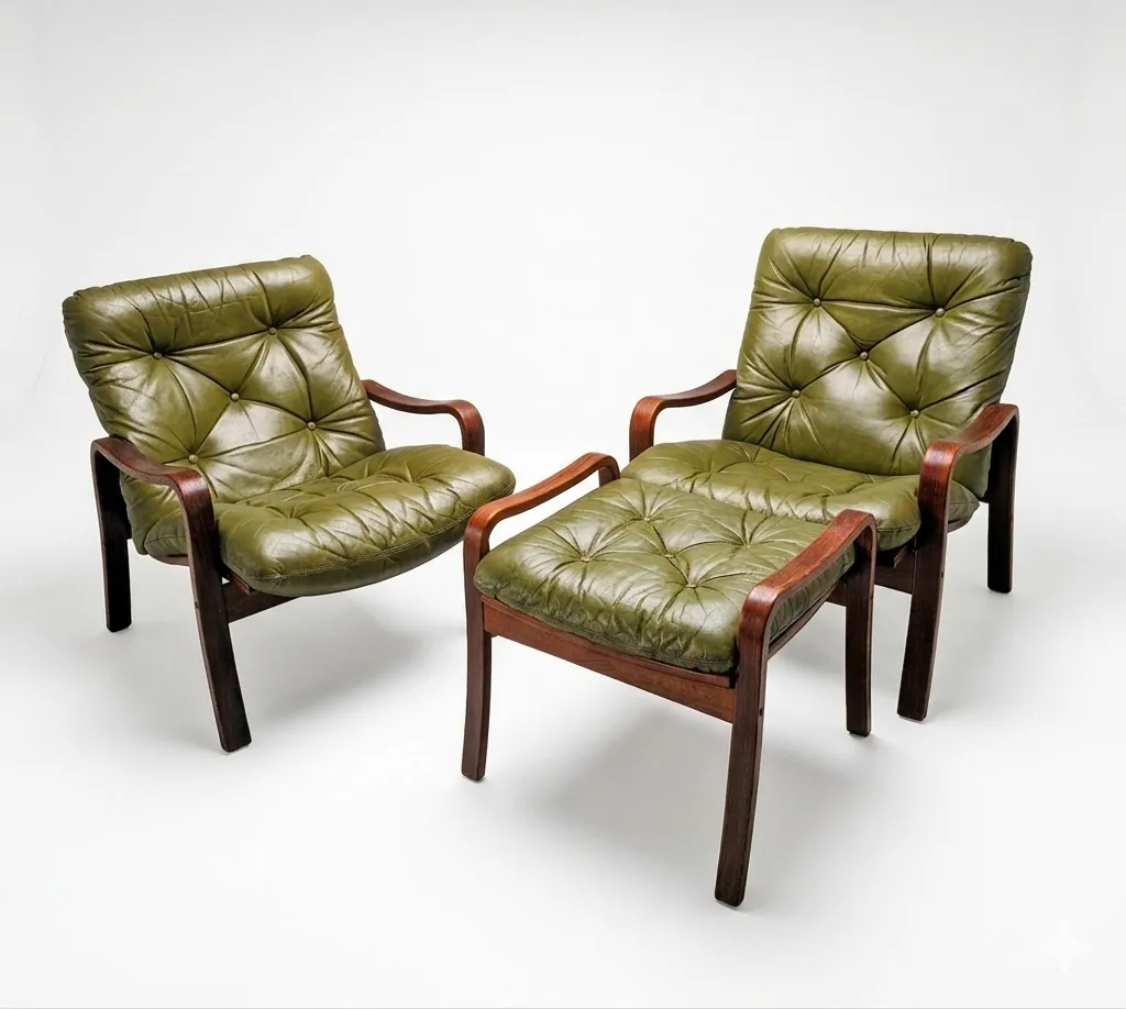 Mid Century Danish Set Of 2 Lounge Chairs With Foot Stool, 1970s