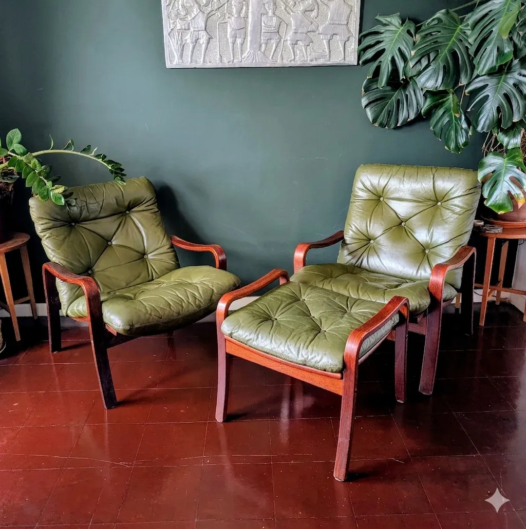 photo furniture Mid Century Danish Set Of 2 Lounge Chairs With Foot Stool, 1970s