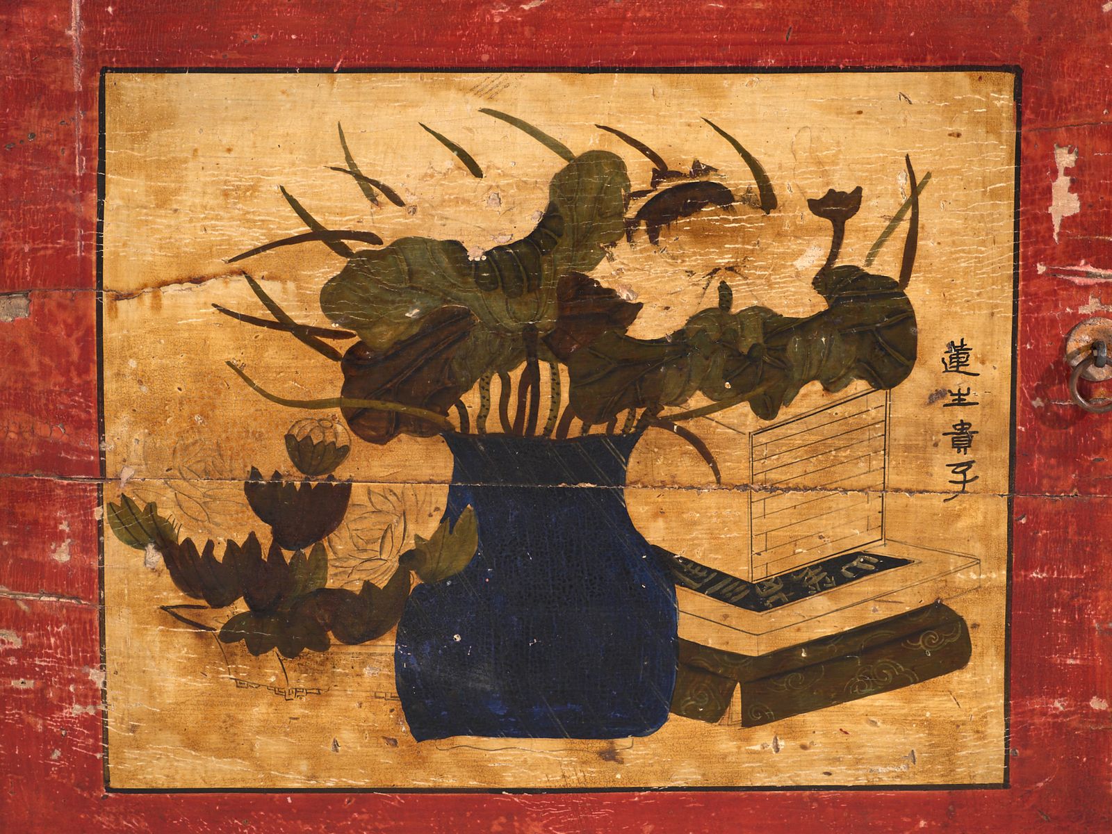 Antique Lacquered Sideboard With Painted Lotus Motifs – China, Circa 1920 photo vintage