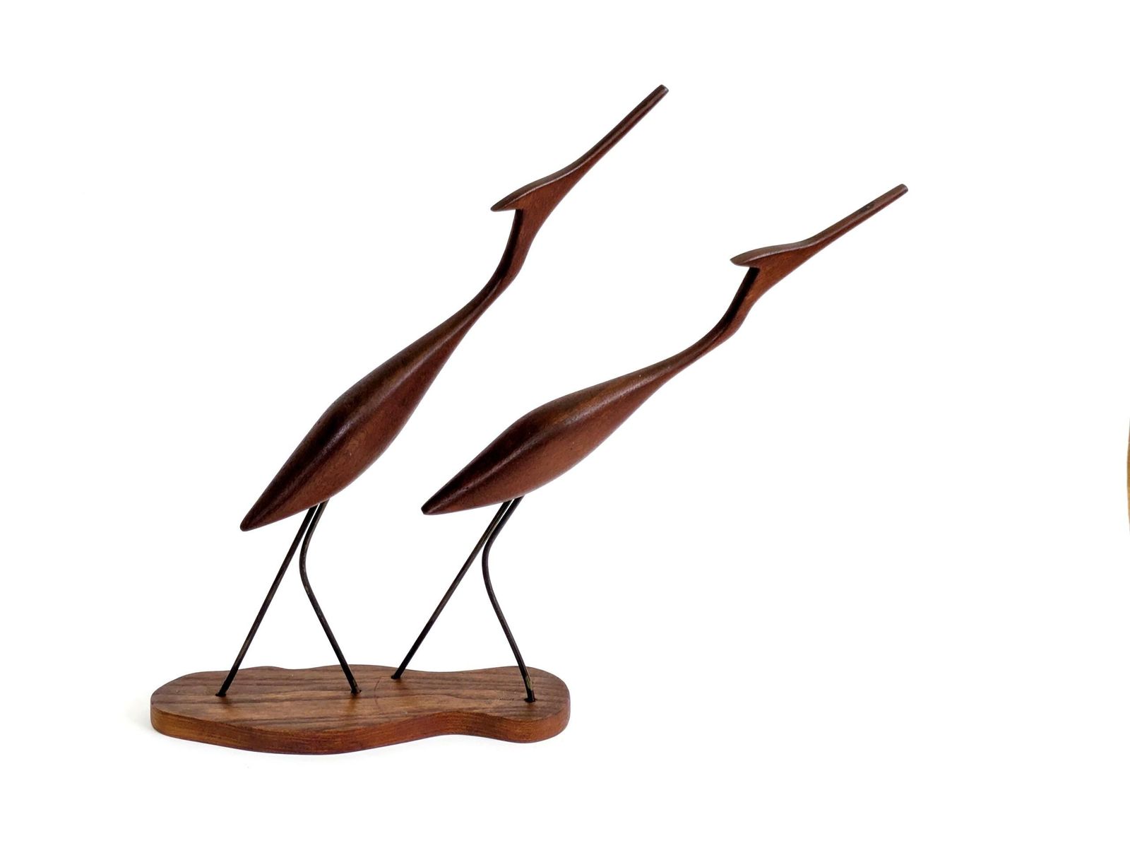 Midcentury Teak Crane Sculptures Danish Modernist Wood Birds On Stand Decor 1960 photo Art