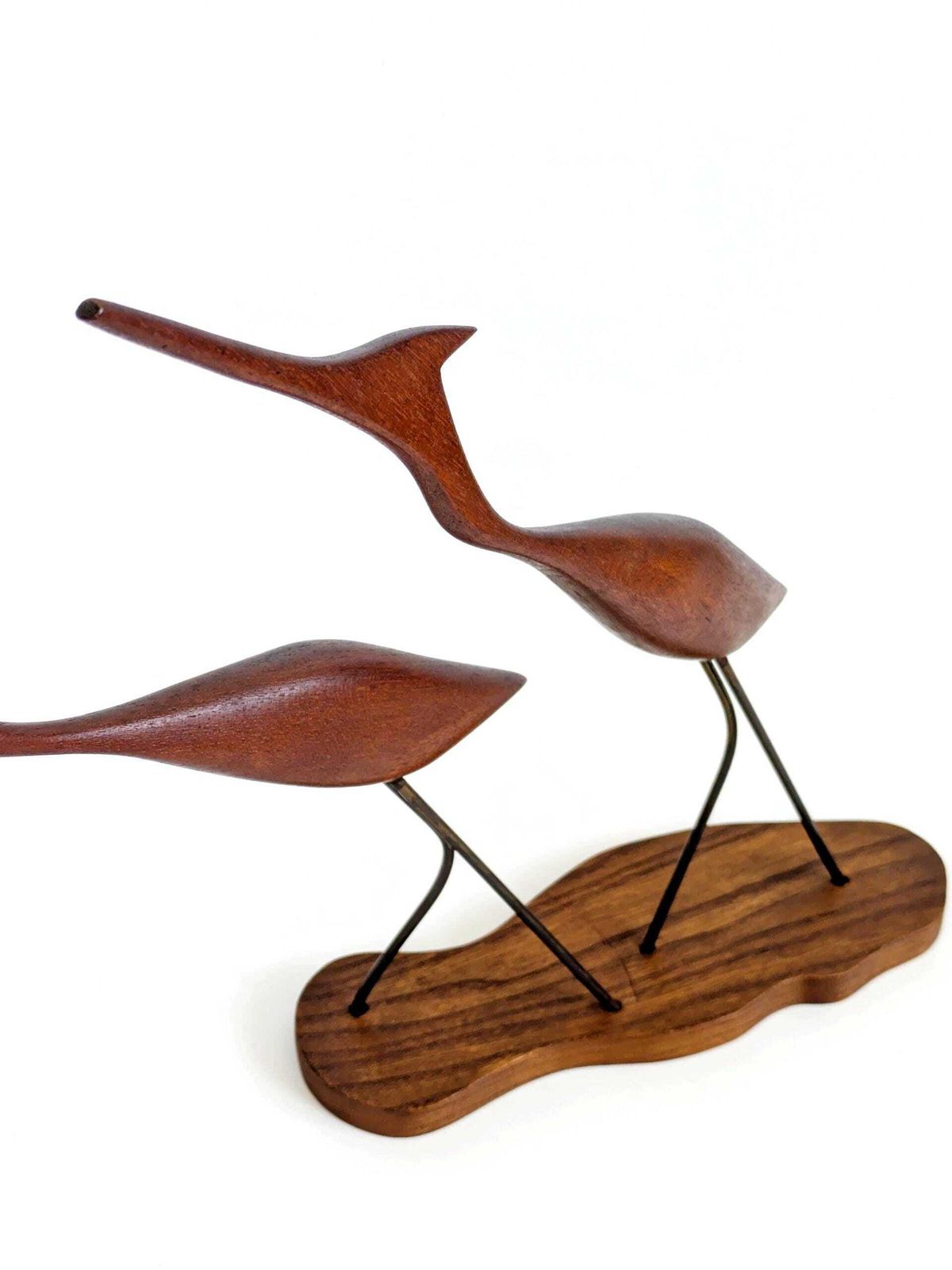 photo buy Midcentury Teak Crane Sculptures Danish Modernist Wood Birds On Stand Decor 1960