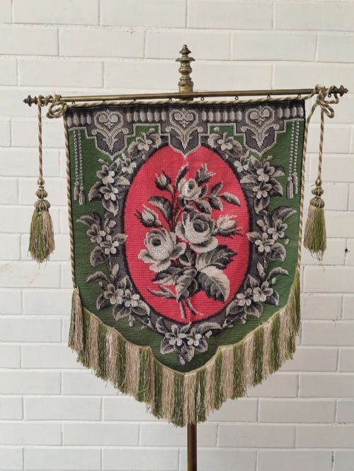 Antique Victorian Country House Velvet Needlework Fireside Brass Pole Screen photo vinterior