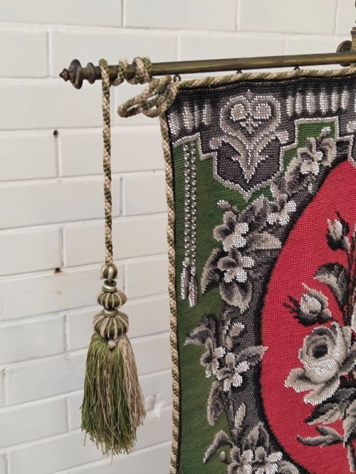 Antique Victorian Country House Velvet Needlework Fireside Brass Pole Screen photo vintage